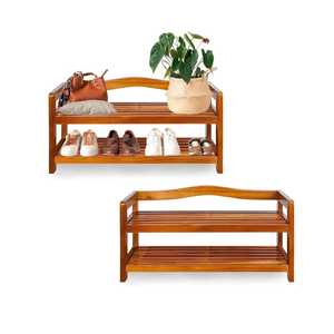 Two Tier Wooden Shoe Rack Polished Slatted <b>Shelves</b> Curved Top Rails Compact Footwear Organizer Storage Stand for Home - Product Image 1