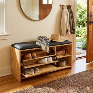 Banco de almacenamiento de madera de estilo moderno de mediados de siglo con cojín superior y estantes abiertos para muebles de sala de estar - Product Image 6