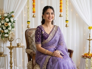 AARA Fashion <b>Purple</b> Silk <b>Saree</b> Gold Embroidery Sun Protection for Wedding Elegant Floor-Length Women's Sari India Pakistan Style - Product Image 5