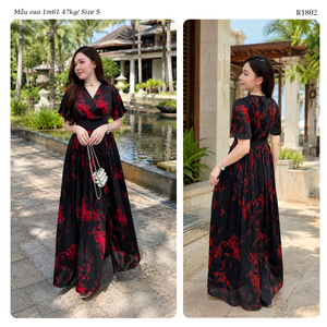 Women’s Floral Chiffon <b>Flutter</b> <b>Sleeve</b> Wrap <b>Maxi</b> <b>Dress</b> with V Neck and Side Slit for Vacation Occasion Wear OEM ODM Wholesale - Product Image 1