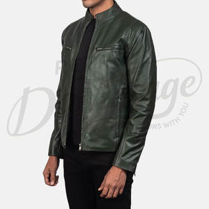 Blouson de motard en cuir véritable vert forêt pour homme, coupe ajustée, col montant, fermeture éclair, style décontracté. - Product Image 6