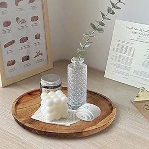 Juego de bandejas redondas de madera con florero de vidrio y vela decorativa |   Bandeja para Mesa de Centro para Decoración del Hogar - Product Image 6