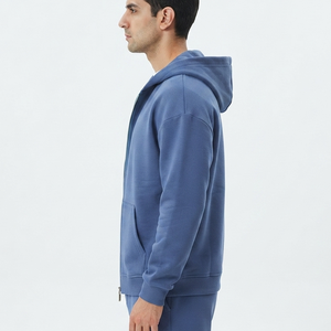 Sweat-shirt à capuche zippé bleu uni pour homme, en molleton de coton, coupe décontractée, idéal pour l'automne, style ample – Grande Vente - Product Image 3
