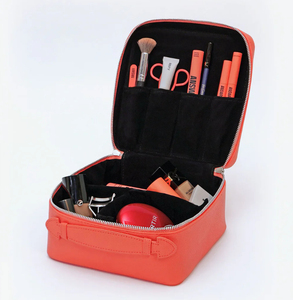 Leather cosmetic travel bag Medium size <b>makeup</b> <b>case</b> Zipper closure <b>makeup</b> bag Elegant soft handle bag - Product Image 4