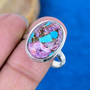 Handmade Natural Spiny Purple Oyster Copper Turquoise Cushion Shape Ring 18k Gold Microne Over 925 Sterling Silver - Product Image 3
