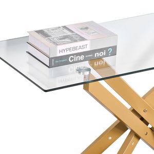 Mesa de Centro Moderna Rectangular de Vidrio con Patas Cruzadas de Hierro, Diseño Geométrico Dorado, Tapa de Vidrio Templado, Mesa Auxiliar para Sofá, Escritorio Consola - Product Image 6