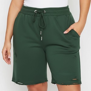 Women's High Waist Shorts <b>Drawstring</b> Shorts Distressed Knitted Cotton Spandex Casual Loose Fit Solid Green Shorts With Pockets - Product Image 4