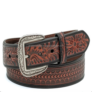 Best Selling Wholesale Price Top Grain Hand Carved Floral <b>Engraved</b> Unisex Western Leather <b>Tooling</b> Belt with Designer Buckle - Product Image 4