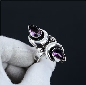 Anillo de Boda de Amatista Doble Natural al por Mayor, Plata de Ley 925, Hecho a Mano, con Dos Piedras de Amatista en Forma de Luna Creciente - Product Image 2