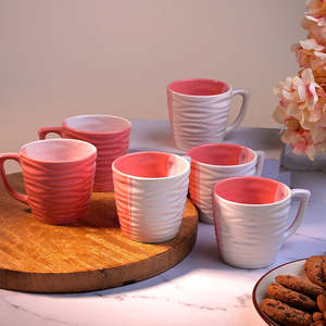 White and Pink Textured Ceramic <b>Tea</b> <b>Cup</b> <b>Set</b> of 6 - Product Image 5
