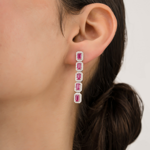 Stunning Luxurious 14K Pure White <b>Gold</b> Real Gemstone Ruby & Diamond Halo Long <b>Dangle</b> <b>Earring</b> For Women Statement Wedding Jewelry - Product Image 2