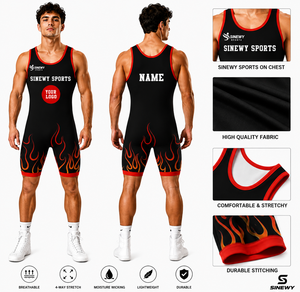 Traje de Lucha SINWY SPORTS para Hombre, Diseño de Llama Roja sobre Negro, Impresión por Transferencia de Calor, Ajustado, Transpirable, Ropa de Artes Marciales - Product Image 1