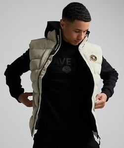 Men's Beige <b>Puffer</b> <b>Vest</b> With Badge Zipper Front Windproof Winter Casual <b>Jacket</b> Thick Polyester Wadding Stand Collar - Product Image 4