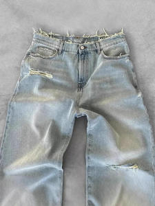 Jean cargo unisexe délavé moyen, couleur unie, avec déchirures, effet délavé à l'acide, taille haute, style streetwear décontracté - Product Image 5