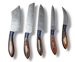 Juego de Cuchillos de Chef de Acero de Damasco de Cinco Piezas Nordic Forge con Mangos de Madera Pakka, Juego de Cuchillos de Cocina Hechos a Mano OEM Personalizados con Bolsa Enrollable - Product Image 5