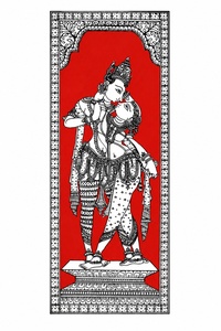 Pintura Tradicional de Arte Mural de Radha Krishna |   Obra de arte mitológica india hecha a mano |   Marco Decorativo para el Hogar de Estilo Étnico Rojo y Negro - Product Image 1