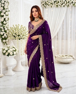 Sari de Seda Morado Elegante de AARA Fashion con Bordado Dorado, Protección Solar, para Todas las Estaciones, para Bodas, Estilo Indio-Pakistaní - Product Image 1