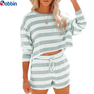 ชุดเซ็ตผู้หญิงมาแรง พิมพ์ลายทาง โลโก้สั่งทำ คอกลม แขนยาว ชุดลำลองใส่บ้าน ผ้าถัก ชุดนอนผ้าฝ้ายสำหรับผู้หญิง - Product Image 1