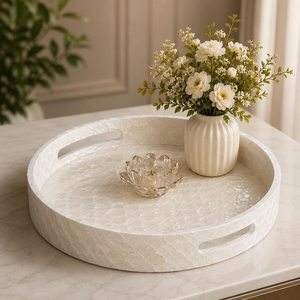 Plateau en nacre réplique antique fait main, motif unique, plateau rond pour le petit-déjeuner, plateau incrusté de nacre, pour salon ou maison - Product Image 1