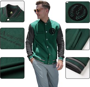 Veste universitaire américaine classique avec logo brodé, corps en mélange de laine, manches en cuir, vêtement d'extérieur décontracté - Product Image 4