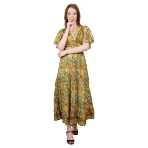 FABRICANTES ÍNDIOS Floral Projetado Longo Folhos Vestido com smocking vestido Para meninas tamanho livre baixo moq