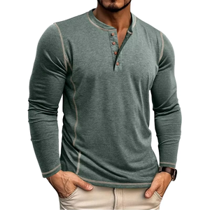 Camiseta Henley de Manga Larga para Hombre, con Costuras en Contraste, 100% Poliéster, Cuello en V, Cierre de Botones, Estilo Casual, Talla Grande, Transpirable y Ecológica - Product Image 2