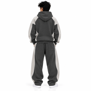 Ensemble de survêtement personnalisé pour homme, gris anthracite, avec sweat à capuche zippé et pantalon de survêtement large, empiècements et passepoil blancs contrastants, streetwear d'hiver - Product Image 3