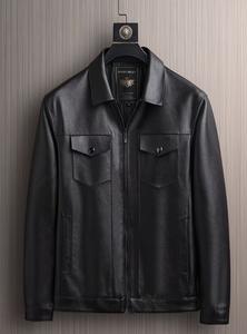 Veste de moto en cuir véritable pour homme, noire, en cuir souple, style motard, col montant, poches, coupe longue, imperméable - Product Image 5