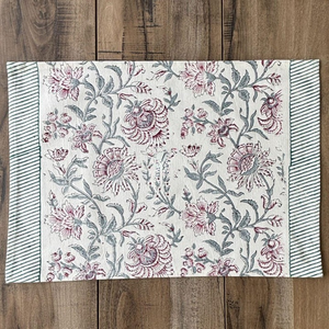 Hand Block Printed Cotton <b>Placemat</b> Set Floral Print Table <b>Placemats</b> with Striped Border Vintage Design Pink and Green - Product Image 2
