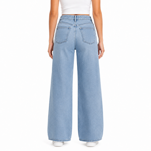 Jeans de Mezclilla de Pierna Ancha para Mujer, Corte Holgado, Casual, con Logotipo Personalizado, Color Sólido, Cintura Alta, Rectos, Lavado Claro, 100% Algodón - Product Image 5