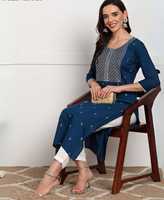 Kurti élégant pour femme en rayonne noire brodée, manches trois quarts, longueur cheville, design ethnique moderne, matériaux recyclés