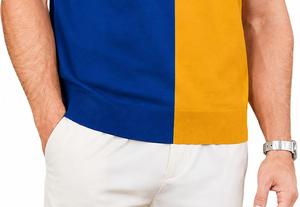 Chemise décontractée pour homme en coton Oxford tricoté, bleu et jaune, à blocs de couleur, avec poche, respirante, à manches courtes et fermeture éclair, coupe classique - Product Image 3
