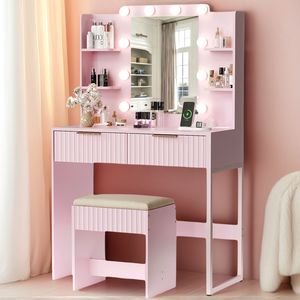 Set da toeletta con 2 cassetti e 4 ripiani in truciolato rosa con finitura melaminica, 10 lampadine a tre tonalità e multipresa - Product Image 6