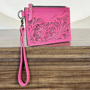 Cartera de Cuero Genuino Hecha a Mano con Cierre de Cremallera, Diseño Floral Rosa, para Monedas y Tarjetas de Crédito, Uso Diario - Product Image 3