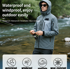 Veste de pêche d'extérieur pour homme de haute qualité, imperméable, UPF 35, imprimée, softshell, grise, à capuche, fermeture éclair sur le devant, couleur unie, polyester - Product Image 5