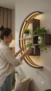 Ensemble d'étagères murales décoratives en bois modernes pour l'agencement des plantes, avec miroir rond et panneau cannelé, pour la décoration intérieure et les cadeaux de pendaison de crémaillère - Product Image 2
