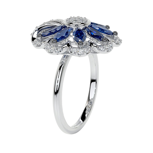 Luxury Blue Sapphire Marquise & White DiamondFlower Cocktail <b>Ring</b> Featuring Accents and <b>Plain</b> High End Polish Band in White Gold - Product Image 2