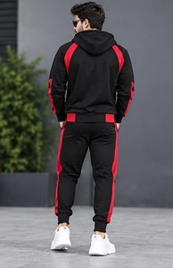 Men's Black Red Solid Hooded Tracksuit <b>Full</b> <b>Zip</b> <b>Sweatshirt</b> Joggers Set Streetwear Winter Wear Regular Fit 100% Cotton Fleece - Product Image 5