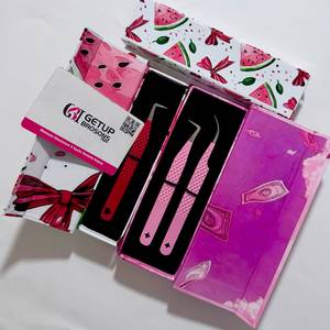 Premium Custom Tools Stainless Steel Pink Dollar Watermelon <b>Bow</b> Theme Lash Set 90 Degree Curve 10mm Tweezer Perfect Grip - Product Image 3