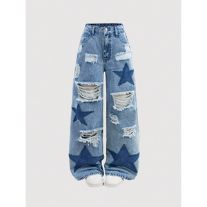 Jean en denim écologique taille basse coupe droite skinny avec patchwork étoilé, coupe décontractée, longueur intégrale, pantalon pour femme, style hiver - Product Image 2