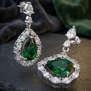 Green Hydro Dangle Earrings 5 Inch Length Pear Cut with CZ 925 <b>Sterling</b> <b>Silver</b> 18K Gold Plated Statement Jewelry - Product Image 3