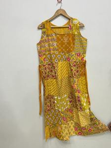 เดรสผ้าฝ้ายปะติดปะต่อแขนกุดสำหรับผู้หญิง สีเหลือง คอเสื้อทำมือ สไตล์โบฮีเมียน ชุดลำลองฤดูร้อน ไซส์เดียว - Product Image 3