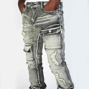 Vaqueros de mezclilla para hombre de cintura alta, corte recto, con efecto desgastado, 100% algodón, transpirables, de peso pesado, teñidos en prenda, ajuste cómodo - Product Image 4