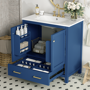 Meuble-lavabo bleu de 30 pouces avec vasque simple intégrée, armoire sous-évier et tiroir de rangement à 2 portes - Ensemble de meuble-lavabo simple - Product Image 1