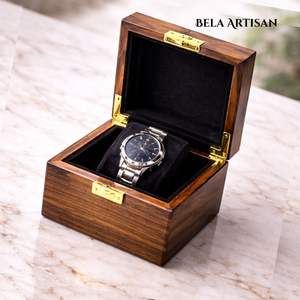 Boîte à montre en bois faite à la main, étui de rangement pour une seule montre, organisateur de montres en bois de luxe avec intérieur en velours, boîte cadeau - Product Image 2