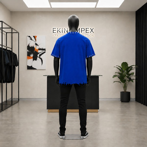 Camiseta Personalizada Extra Grande con Gráfico de Calavera Azul para Hombre, Estilo Urbano, de Algodón, con Mangas con Remaches y Dobladillo Desgastado - Product Image 4
