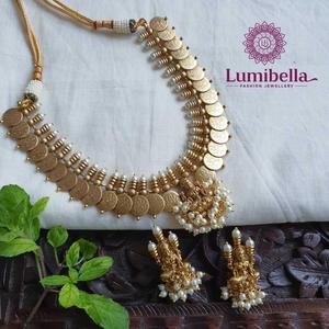 Gold Plated Traditional Kasu Mala Necklace Set-Trendy Coin Pattern Bridal Jewelry for Wedding Nova Mart - Product Image 1
