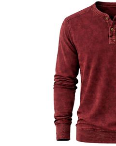 Sweat-shirt Henley à manches longues pour homme, délavé à l'acide, rouge bordeaux, col boutonné, style décontracté avec poche, vêtement d'hiver en coton, coupe ajustée - Product Image 3