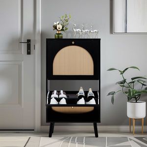 Scarpiera 54*24*98cm con telaio nero in legno truciolare originale e rattan sintetico, 2 contenitori ribaltabili e piedini alti - Product Image 1