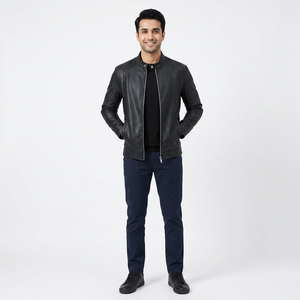 Blouson de motard Gatsby noir pour homme en cuir d'agneau véritable aniline, respirant, matelassé, avec fermeture éclair et doublure Sherpa, style streetwear pour homme - Product Image 1